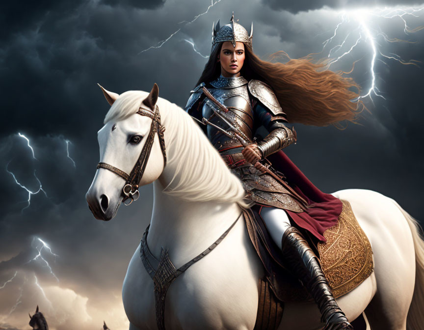 Female warrior in full armor on white horse under stormy skies