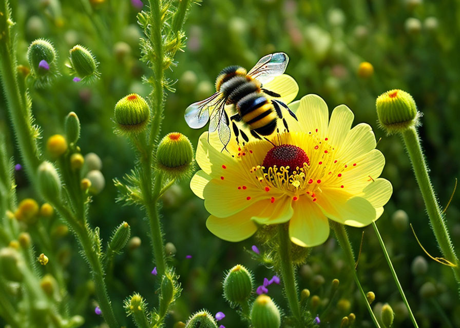 Bee collecting pollen on bright yellow flower in sunny garden