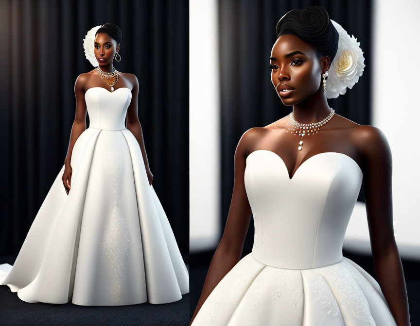 Bride in white gown with sweetheart neckline and pearl necklace