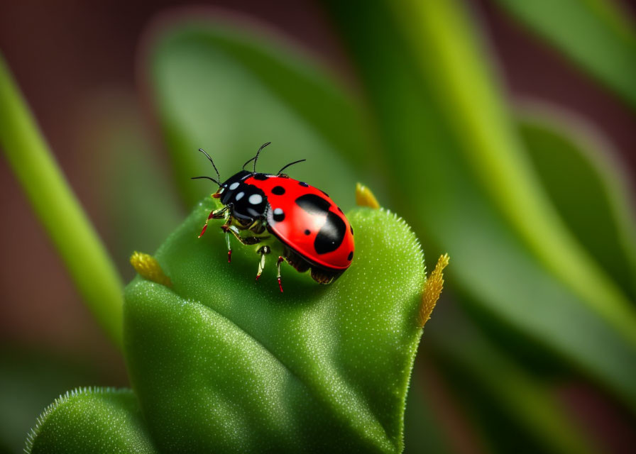 Red ladybug with black spots on green leaf in blurred background