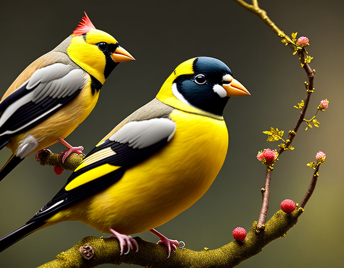 Colorful birds perched on branch with pink blossoms in blurred background