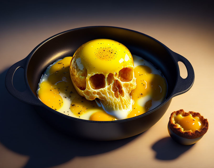 Skull-shaped egg yolk in frying pan with broken whites and small pie piece