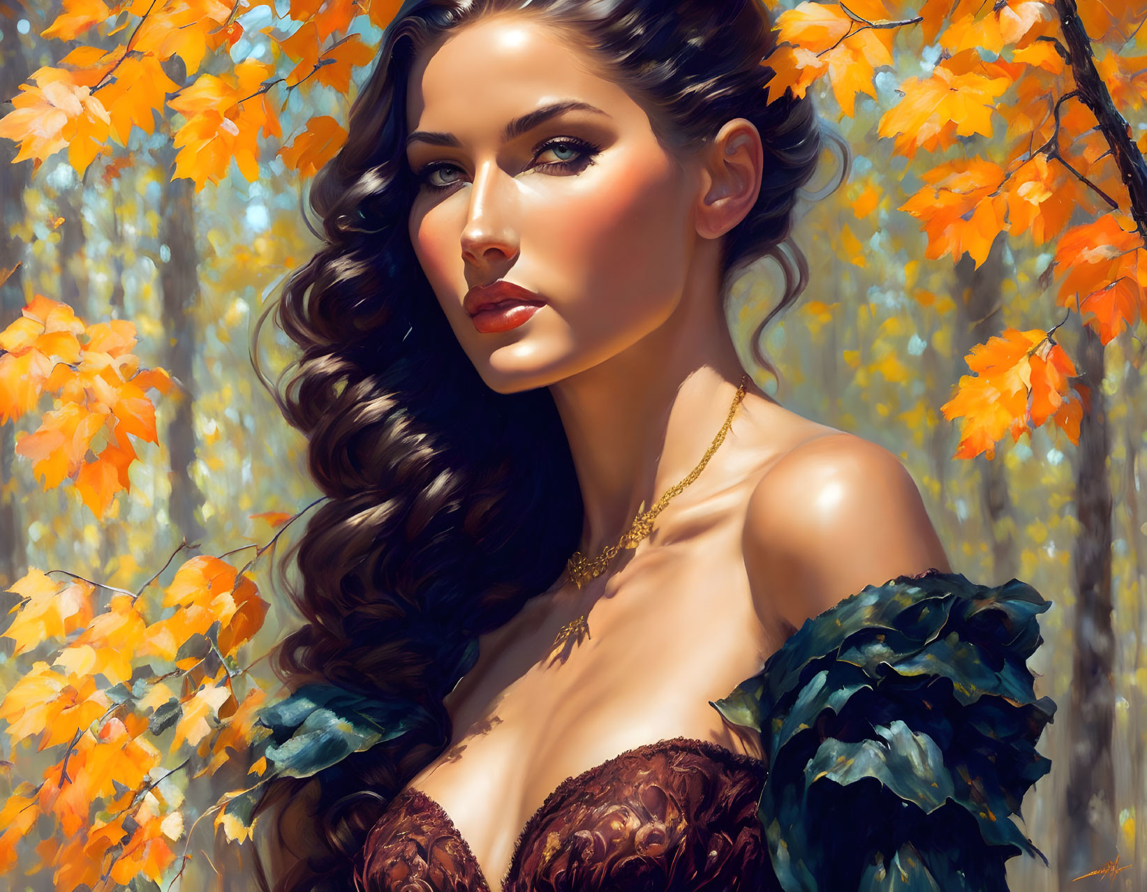 Digital artwork of woman with long wavy hair in brown dress and gold necklace against autumn leaves.