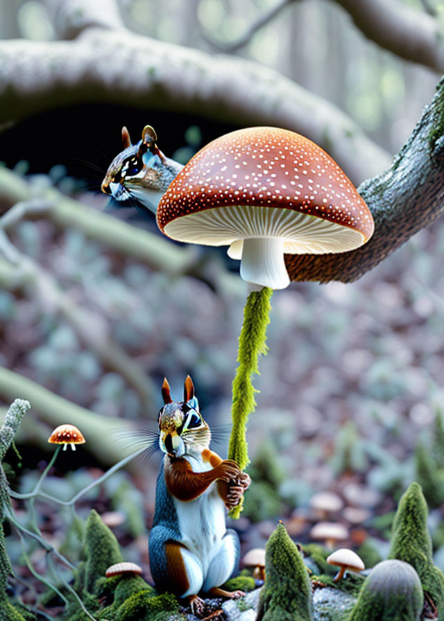 Forest scene: squirrel under red mushroom, frog on dragonfly - enchanted setting