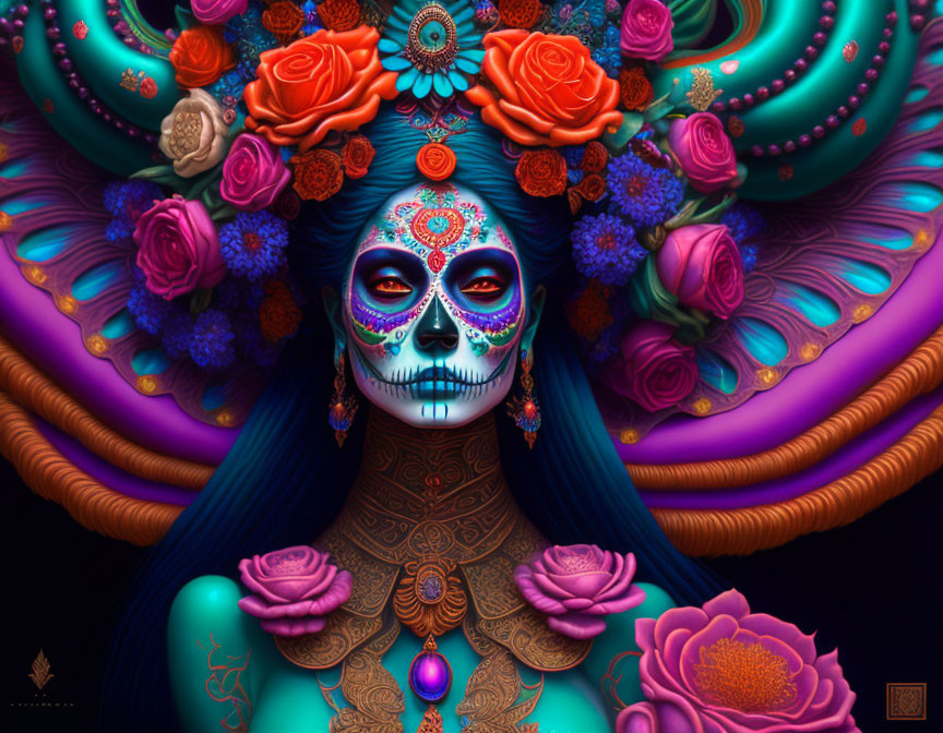 Illustrated figure with skull makeup and floral adornments in vibrant style