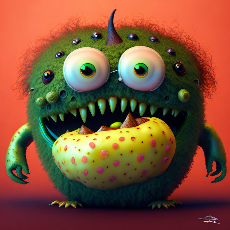 Furry Green Monster with Googly Eyes Holding Yellow Fruit