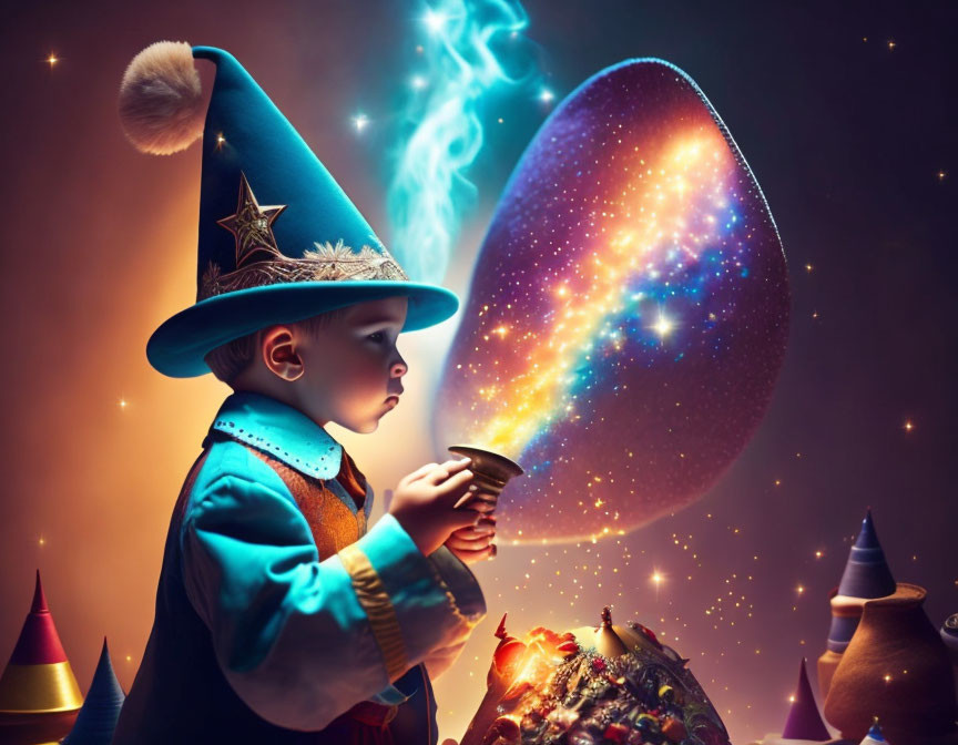 Toddler in wizard costume casts cosmic spell with magical egg and enchanted hats