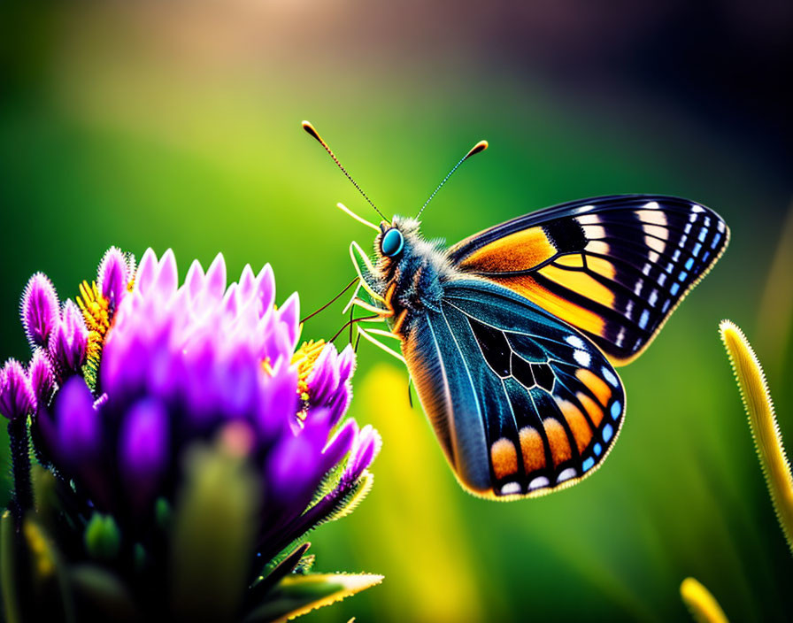 Colorful butterfly on purple thistle flower in greenery landscape