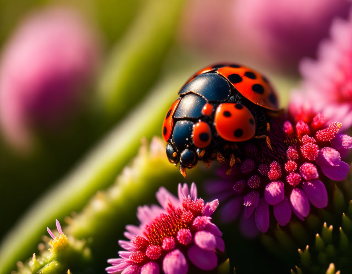 Colorful Ladybug Crawling on Pink Flowers with Blurred Green Floral Background