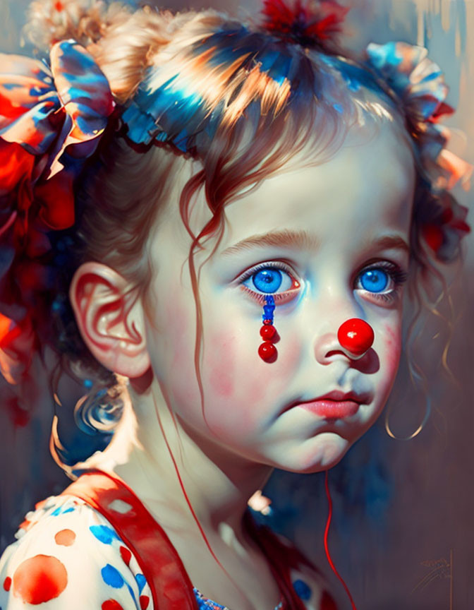 Young girl with clown nose and teary eyes in digital painting