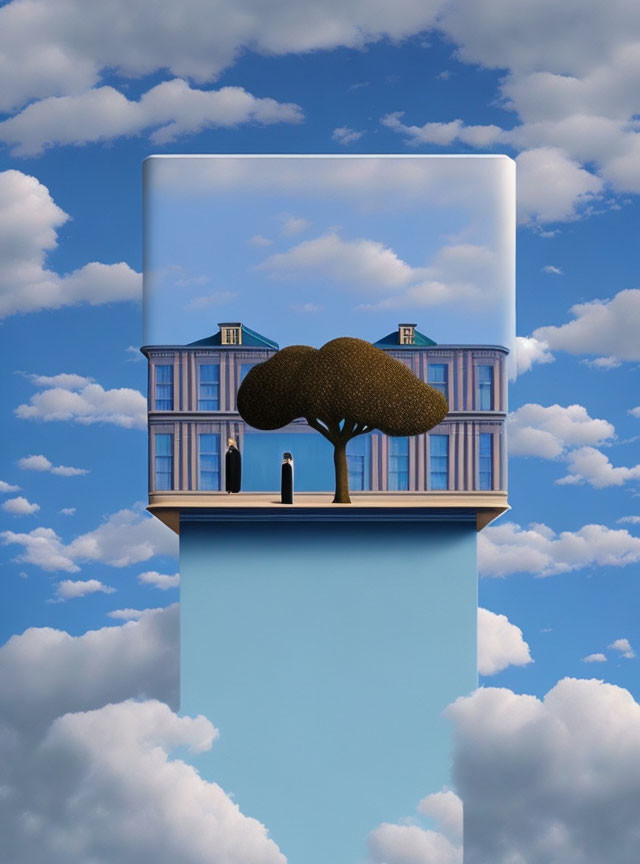 Surreal floating island with tree, building facade, and penguins in cloudy sky.