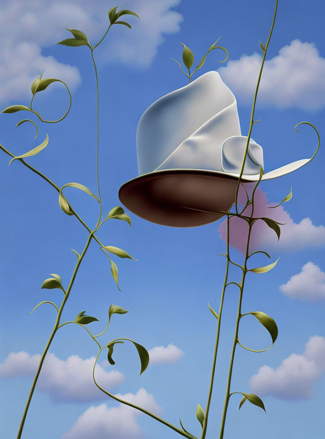 Surreal white hat floating with green vines in blue sky