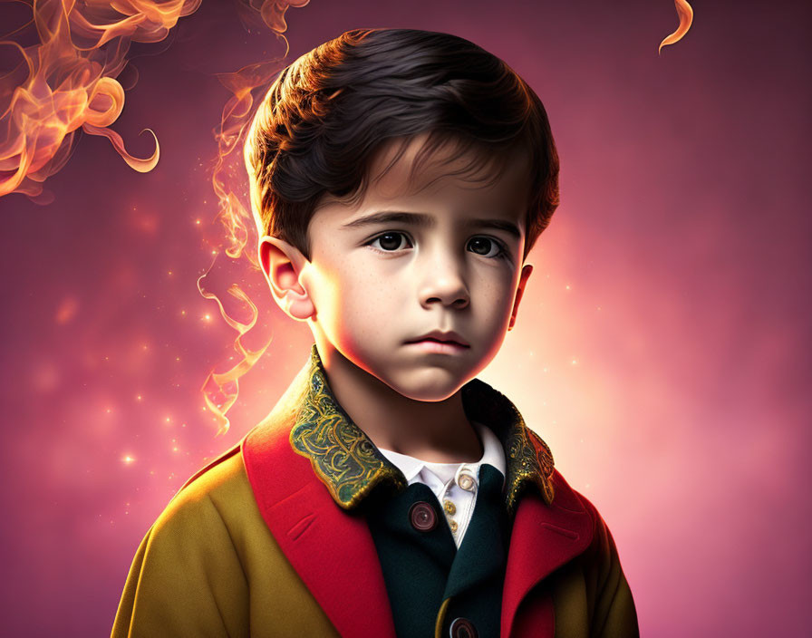 Dark-haired boy in colorful jacket against fiery background.