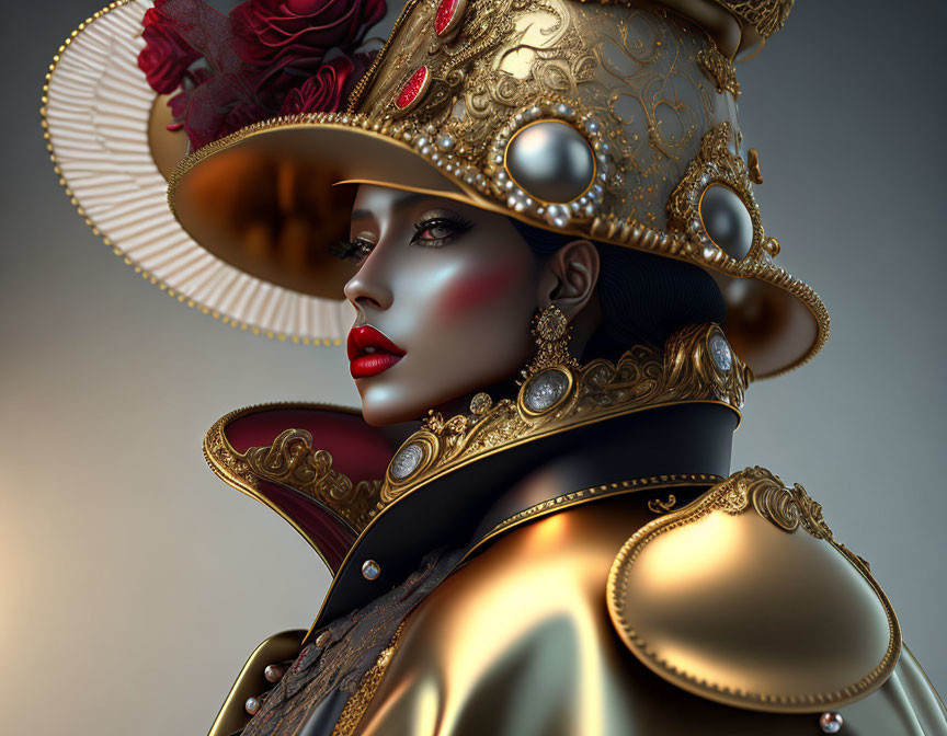 Digital artwork featuring woman in golden armor and hat with pearls and roses