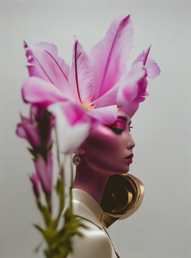 Portrait with Pink Floral Elements and Golden Accessory