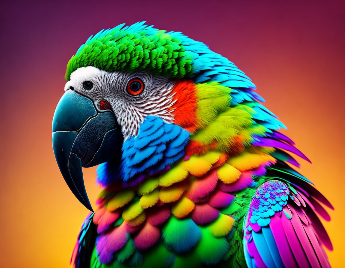 Colorful Macaw on Purple and Orange Background