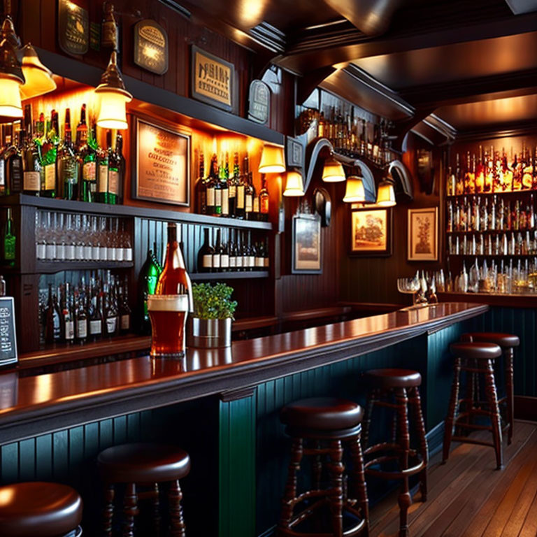 Traditional Wooden Bar with Dark Tones and Bar Stools