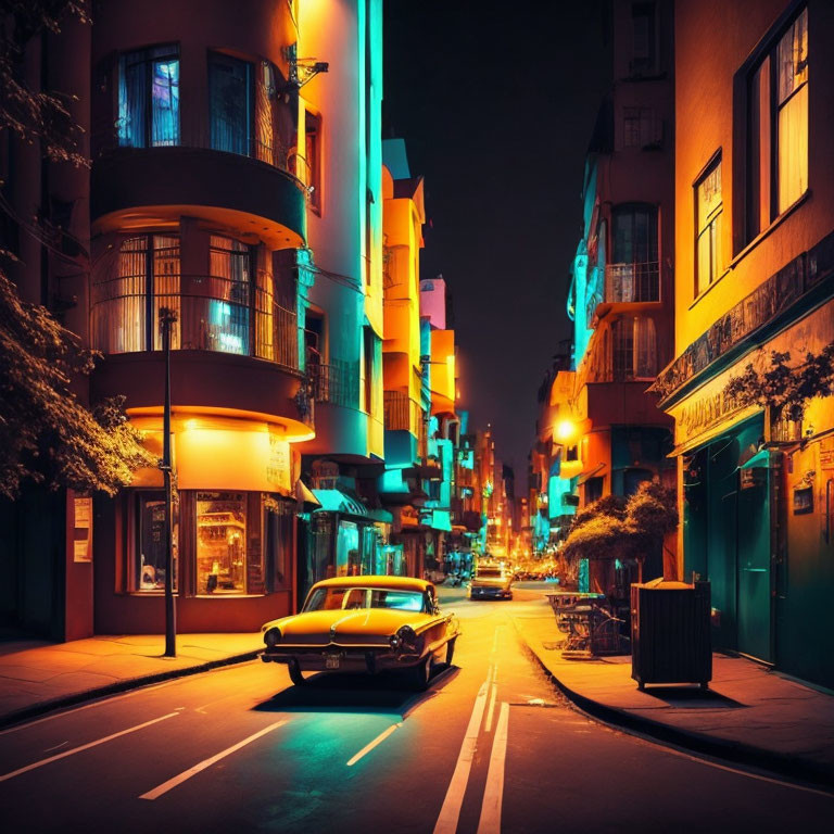 Vintage Car Parked on Colorful Night Street with Neon Lights