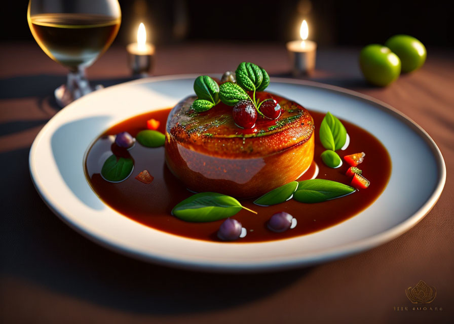 Elegant gourmet dessert with caramelized top and garnishes on white plate