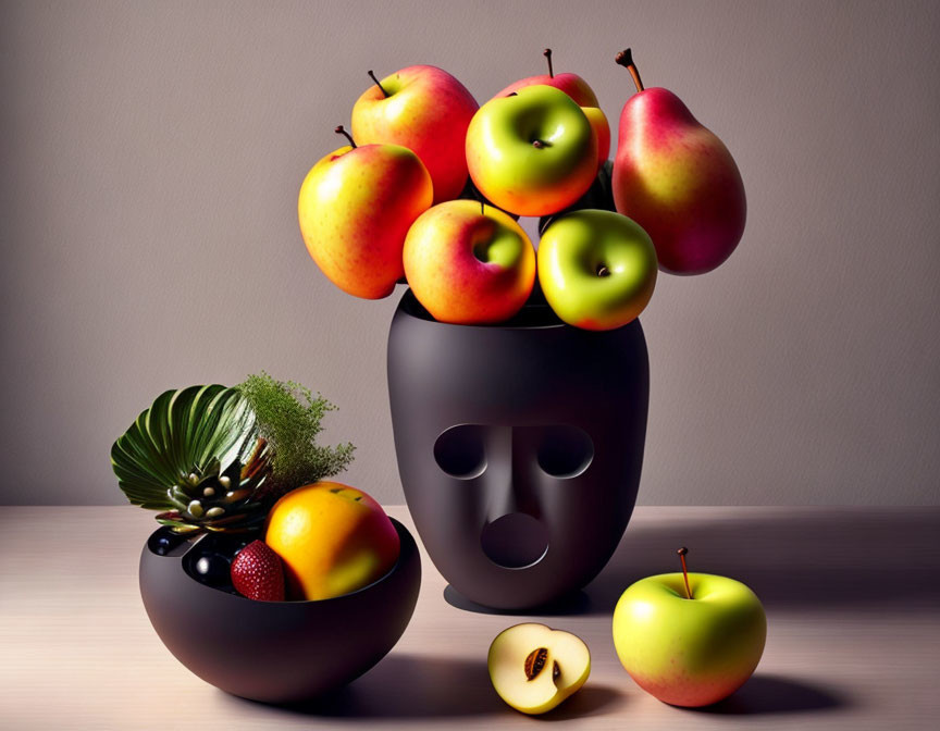 Mask-shaped vase with overflowing apples and fruits on wooden surface