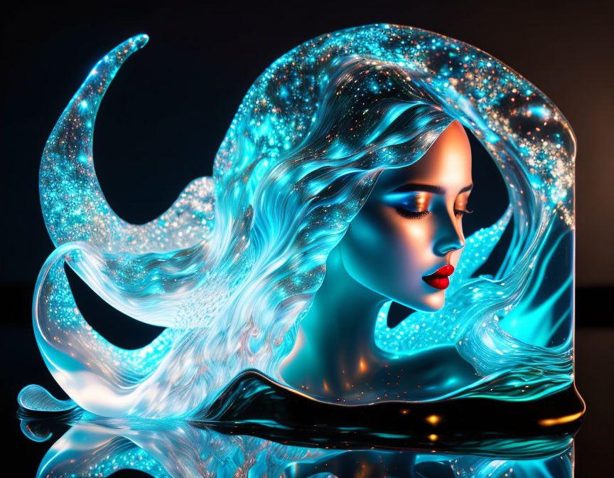 Blue fantasy figure with crescent moon and flowing hair: mystical and luminous.