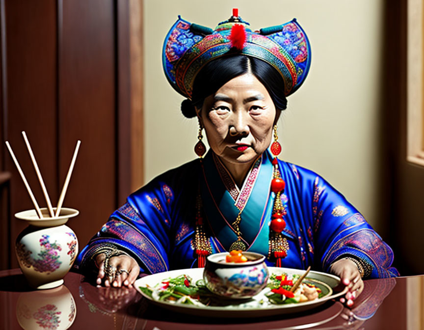 Traditional attire woman with headdress eating at table