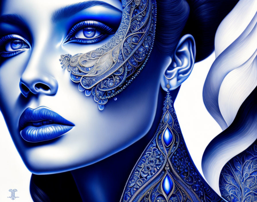 Intricate blue patterned mask on woman in digital art