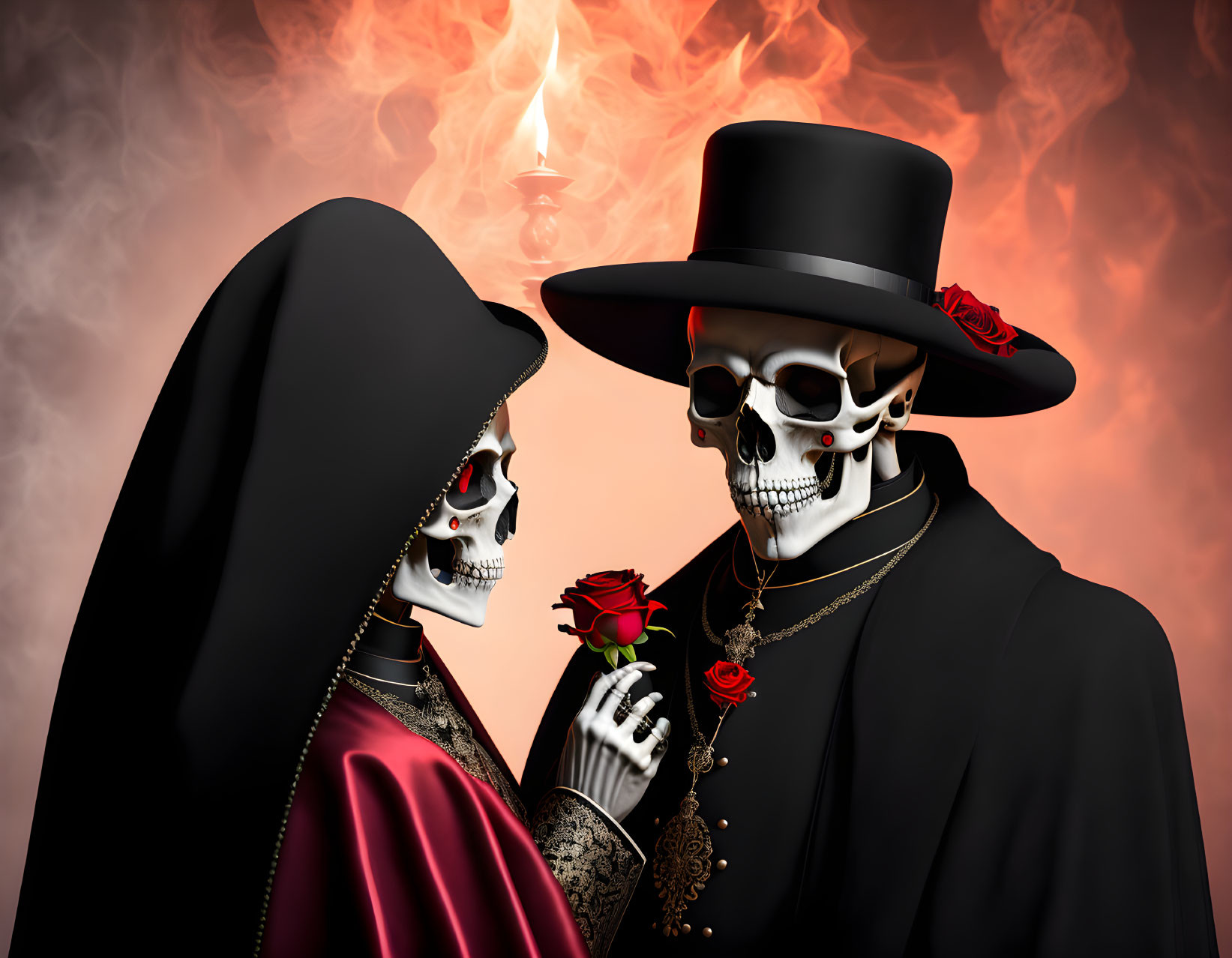 Elegant skeletons in hats with roses on fiery backdrop