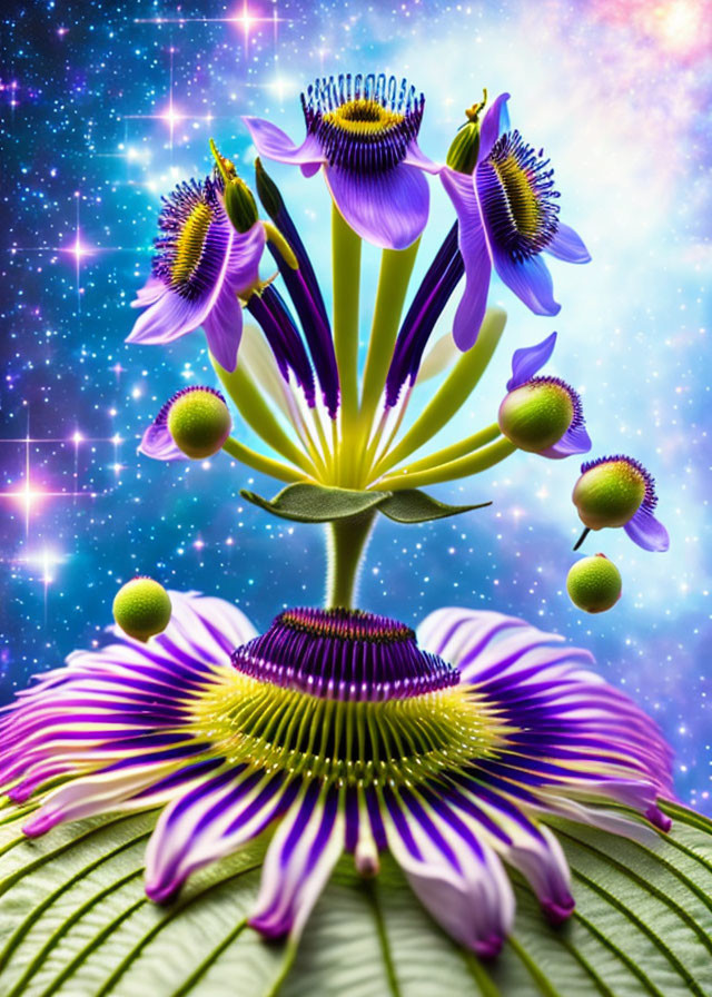 Purple Passion Flowers Blooming in Cosmic Setting