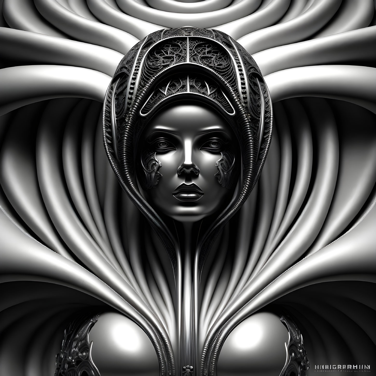 Stylized female figure with elaborate headgear in monochrome digital art