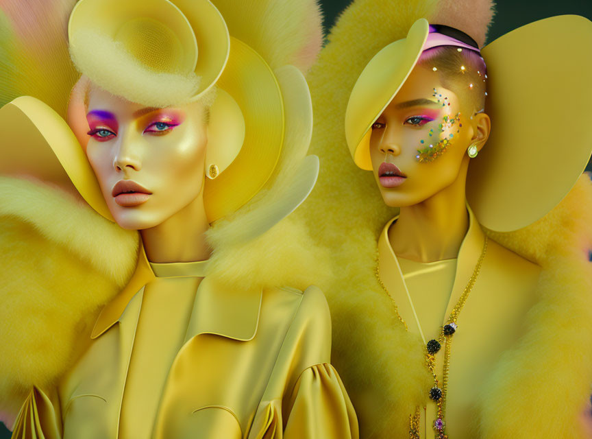 Stylized women in vibrant makeup and bold fashion with exaggerated hats