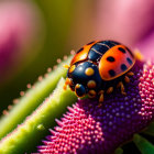 Colorful Ladybug Crawling on Pink Flowers with Blurred Green Floral Background