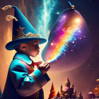 Toddler in wizard costume casts cosmic spell with magical egg and enchanted hats