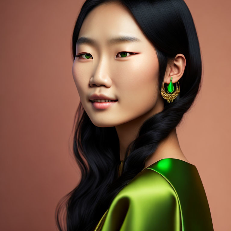 Portrait of Asian woman with glossy black hair, green eyeshadow, earrings, and green top on