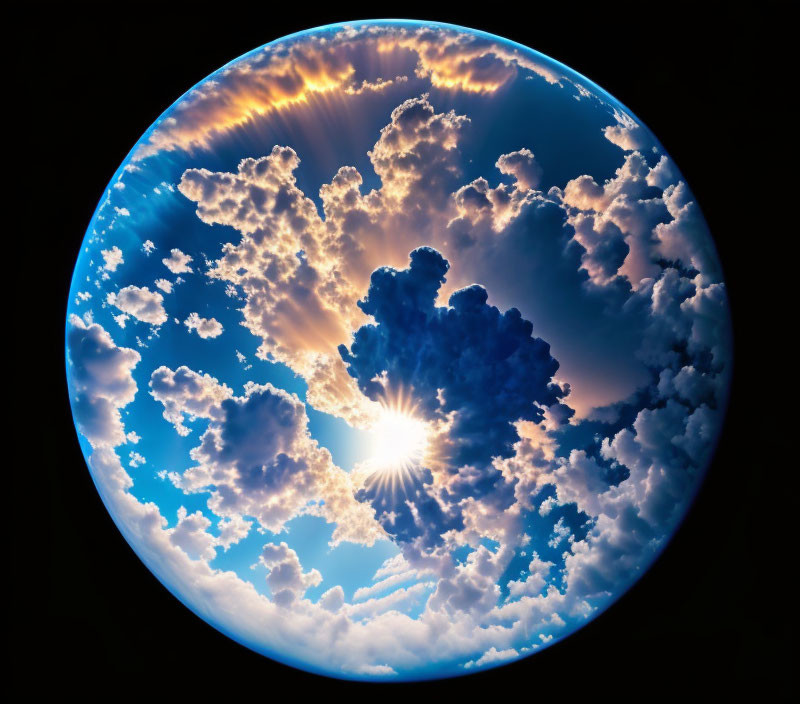 Circular Sky Illustration with Radiant Sunlight and Fluffy Clouds