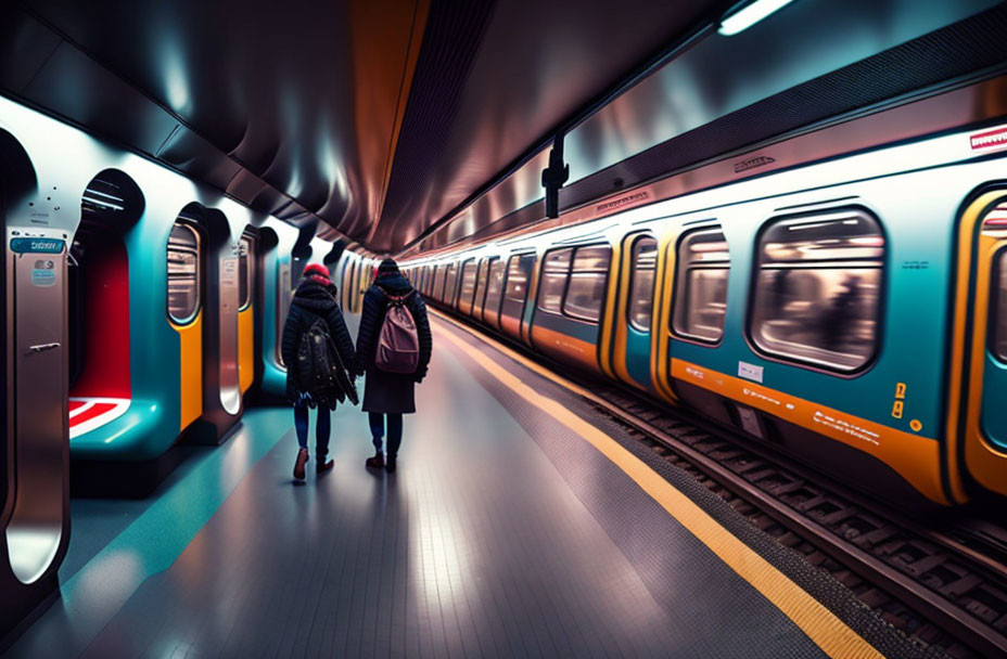 Two people on modern subway platform with vibrant train pulling in