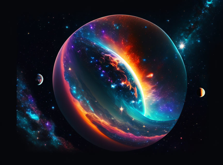 Colorful cosmic illustration of giant planet in neon swirls among celestial bodies