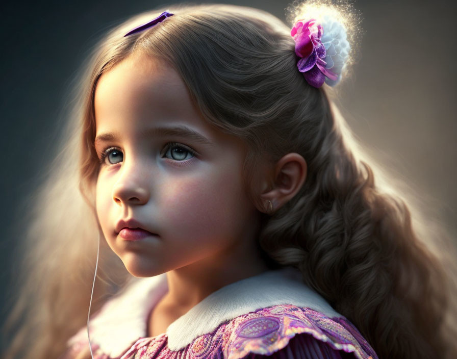 Young girl with wavy hair and flower clip under soft light gaze.