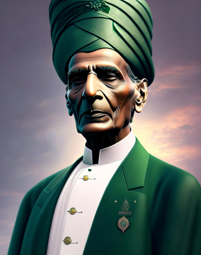 Stylized 3D portrait of male figure in green turban and jacket