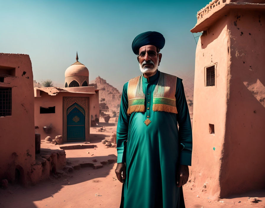 Elderly man in turban near traditional buildings and mosque