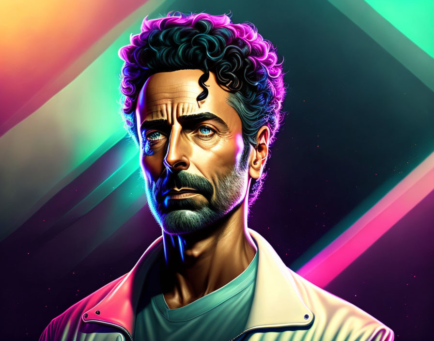 Vibrant digital portrait of man with curly hair and beard in neon-lit setting