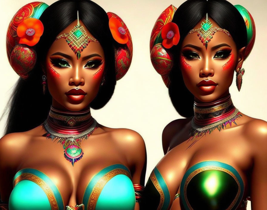 3D animated female characters with intricate headpieces, makeup, and jewelry in vibrant reds and greens