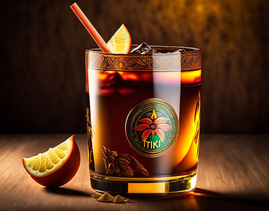 Amber Cocktail with Citrus Slice and Tiki Emblem on Wooden Background