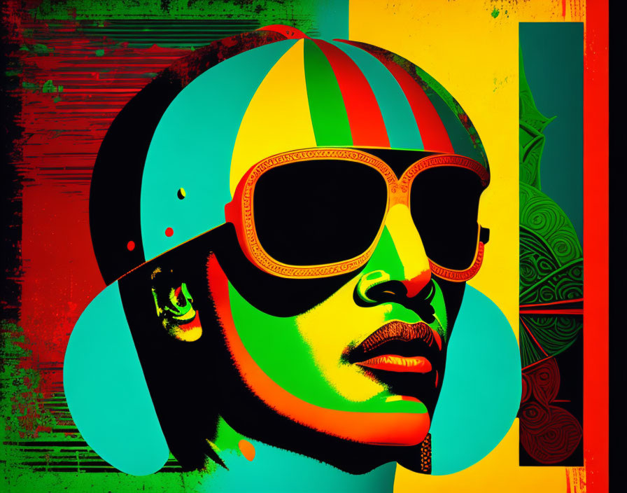 Vibrant pop art portrait with helmet and sunglasses on abstract background