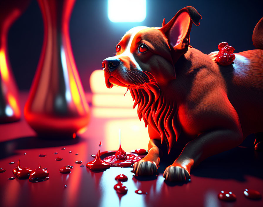 Glossy red dog in 3D rendering with droplets and splashes in elegant room