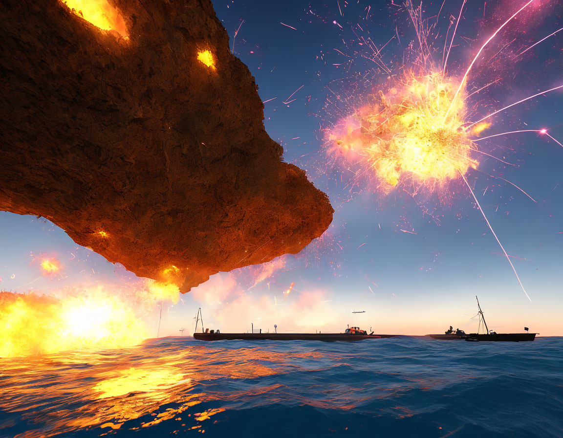 Vibrant fireball near rocky overhang over calm sea at dusk