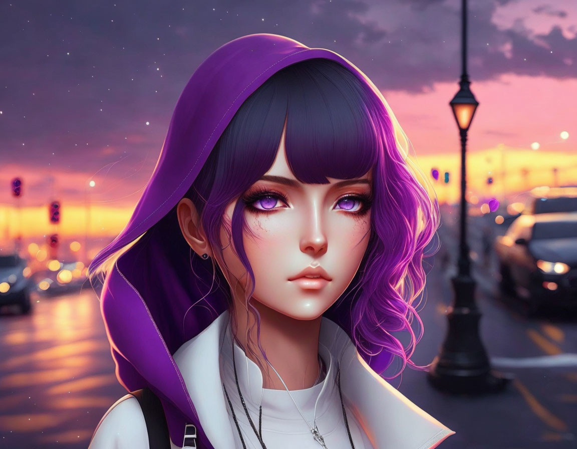 Purple-haired animated character with big violet eyes in sunset cityscape.