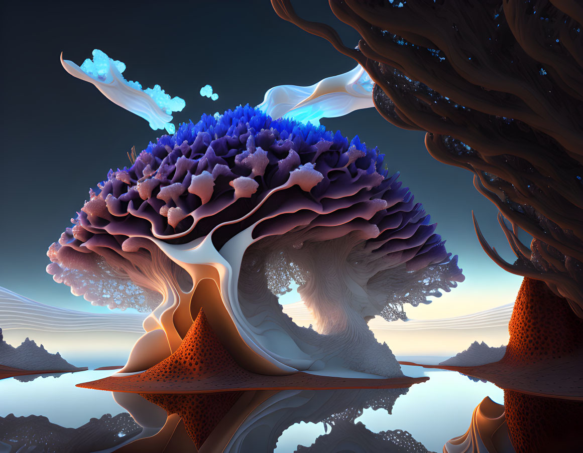 Surreal landscape with coral-like tree, spiral rocks, and floating cloths.