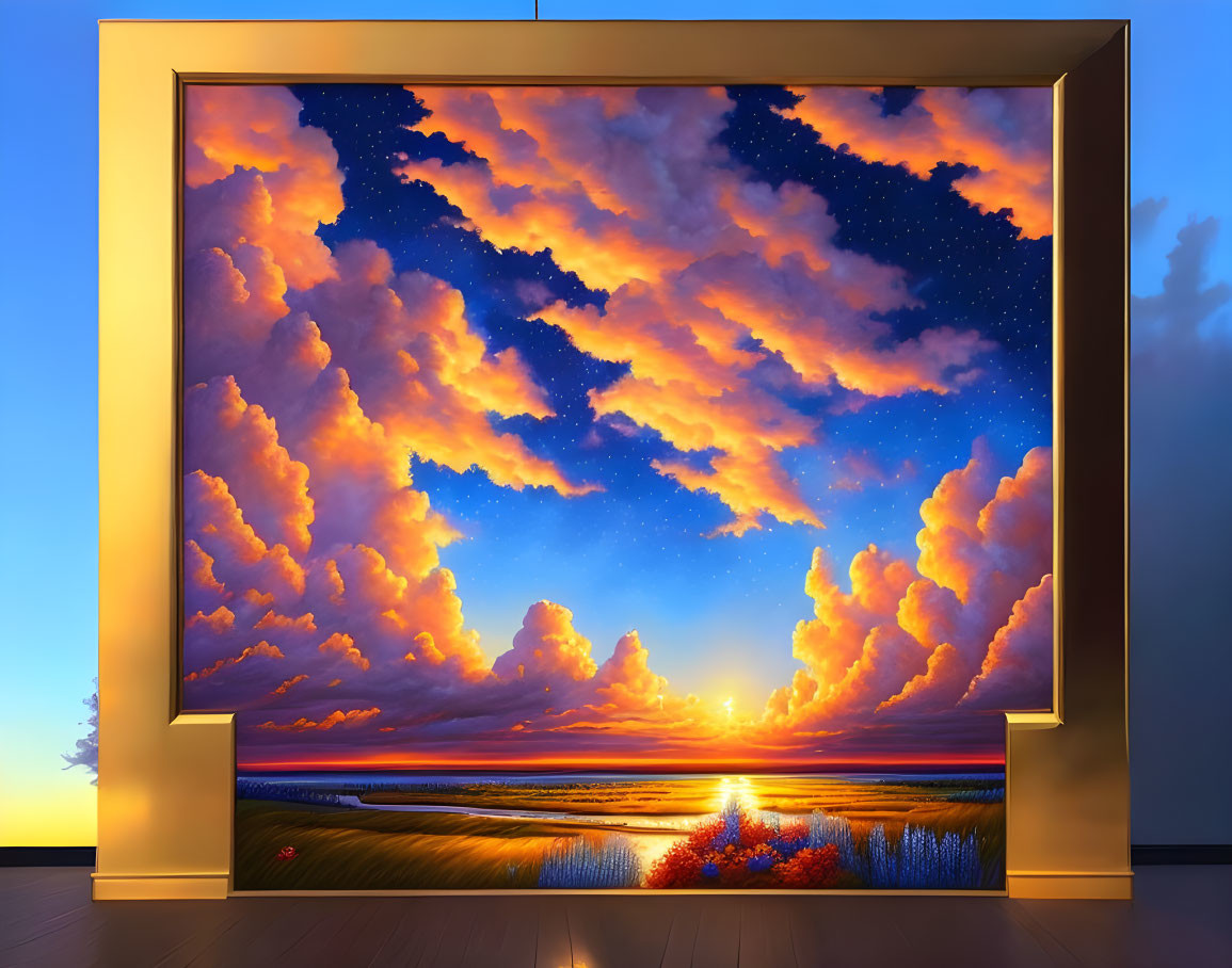 Colorful sunset painting with orange clouds and starry sky on gallery wall