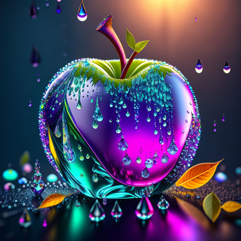 Colorful Digital Artwork: Purple Apple with Water Droplets and Sparkles